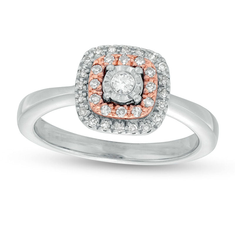 Image of ID 1 020 CT TW Natural Diamond Double Cushion Frame Ring in Sterling Silver and Solid 10K Rose Gold