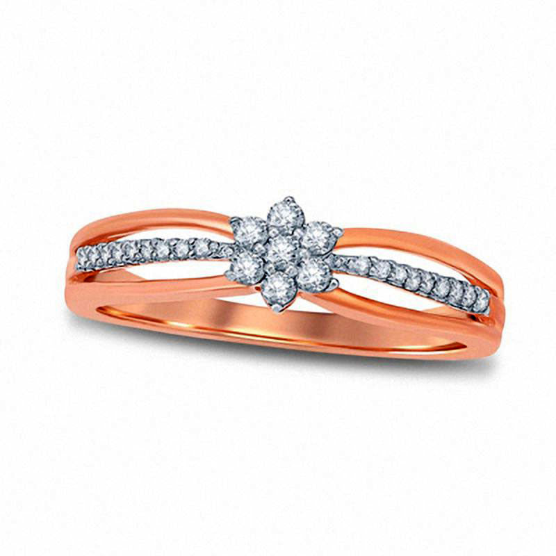 Image of ID 1 020 CT TW Natural Diamond Flower Cluster Split Shank Promise Ring in Solid 10K Rose Gold