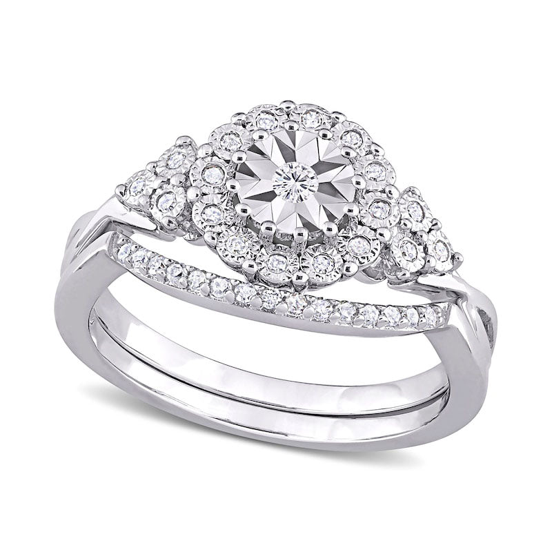Image of ID 1 020 CT TW Natural Diamond Frame Tri-Sides Bridal Engagement Ring Set in Sterling Silver