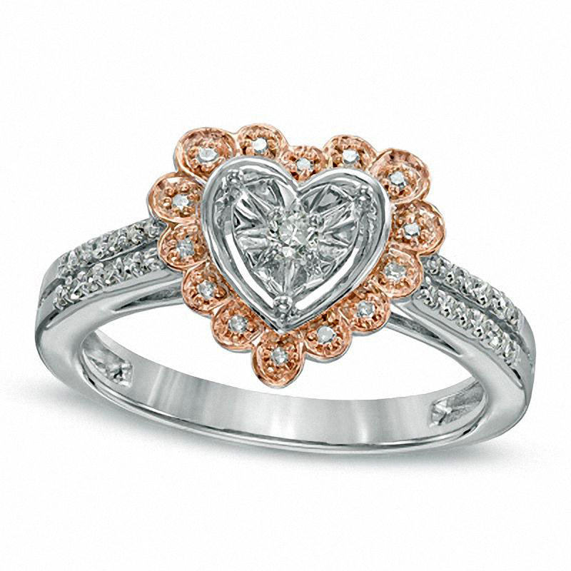 Image of ID 1 020 CT TW Natural Diamond Heart Split Shank Promise Ring in Two-Tone Sterling Silver