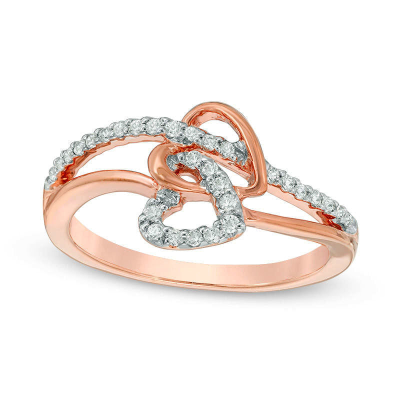Image of ID 1 020 CT TW Natural Diamond Interlocking Double Heart Ring in Solid 10K Rose Gold