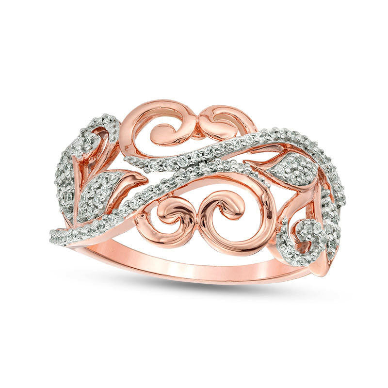 Image of ID 1 020 CT TW Natural Diamond Scroll Vine with Leaves Ring in Solid 10K Rose Gold
