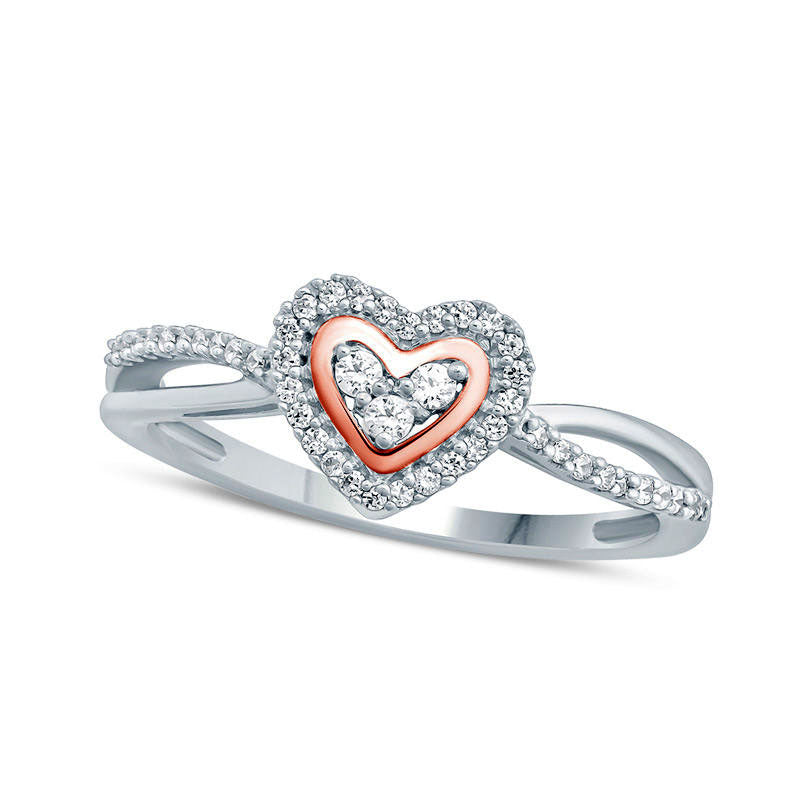 Image of ID 1 020 CT TW Natural Diamond Three Stone Heart Frame Promise Ring in Solid 10K Two-Tone Gold