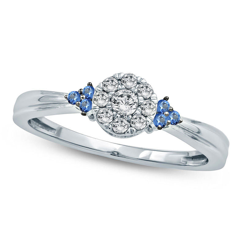 Image of ID 1 020 CT TW Natural Diamond and Blue Sapphire Tri-Sides Promise Ring in Solid 10K White Gold