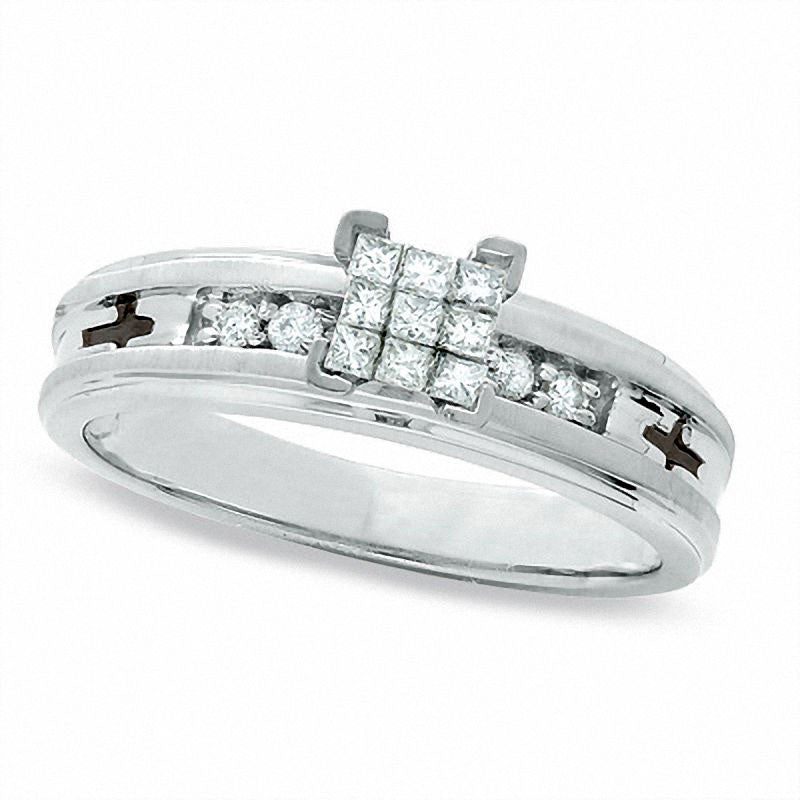 Image of ID 1 020 CT TW Princess-Cut Natural Diamond Engagement Ring in Solid 10K White Gold with Cross Engravings
