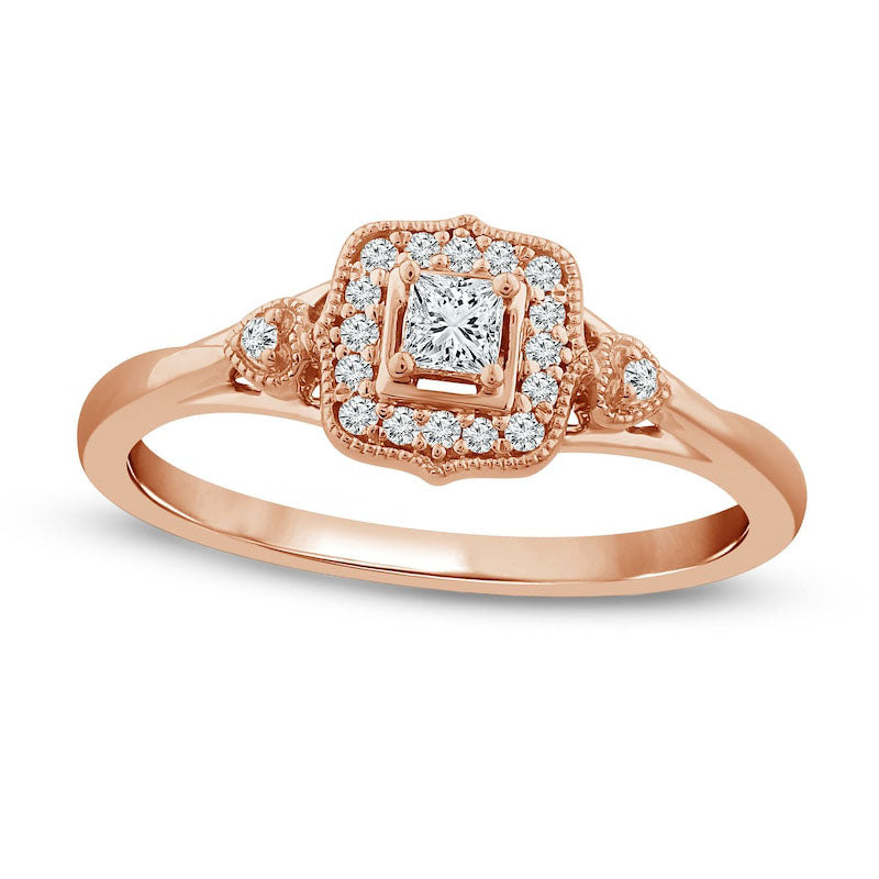 Image of ID 1 020 CT TW Princess-Cut Natural Diamond Ornate Cushion Frame Antique Vintage-Style Promise Ring in Solid 10K Rose Gold