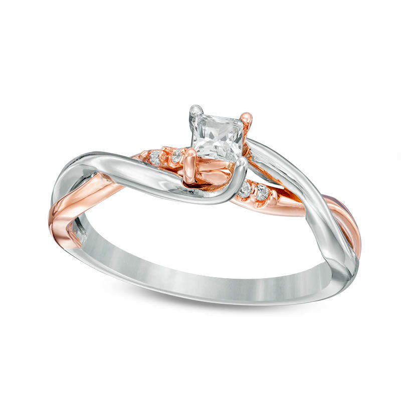 Image of ID 1 020 CT TW Princess-Cut Natural Diamond Twist Shank Promise Ring in Solid 10K Two-Tone Gold