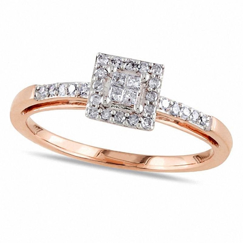 Image of ID 1 020 CT TW Quad Princess-Cut Natural Diamond Square Frame Engagement Ring in Solid 10K Rose Gold