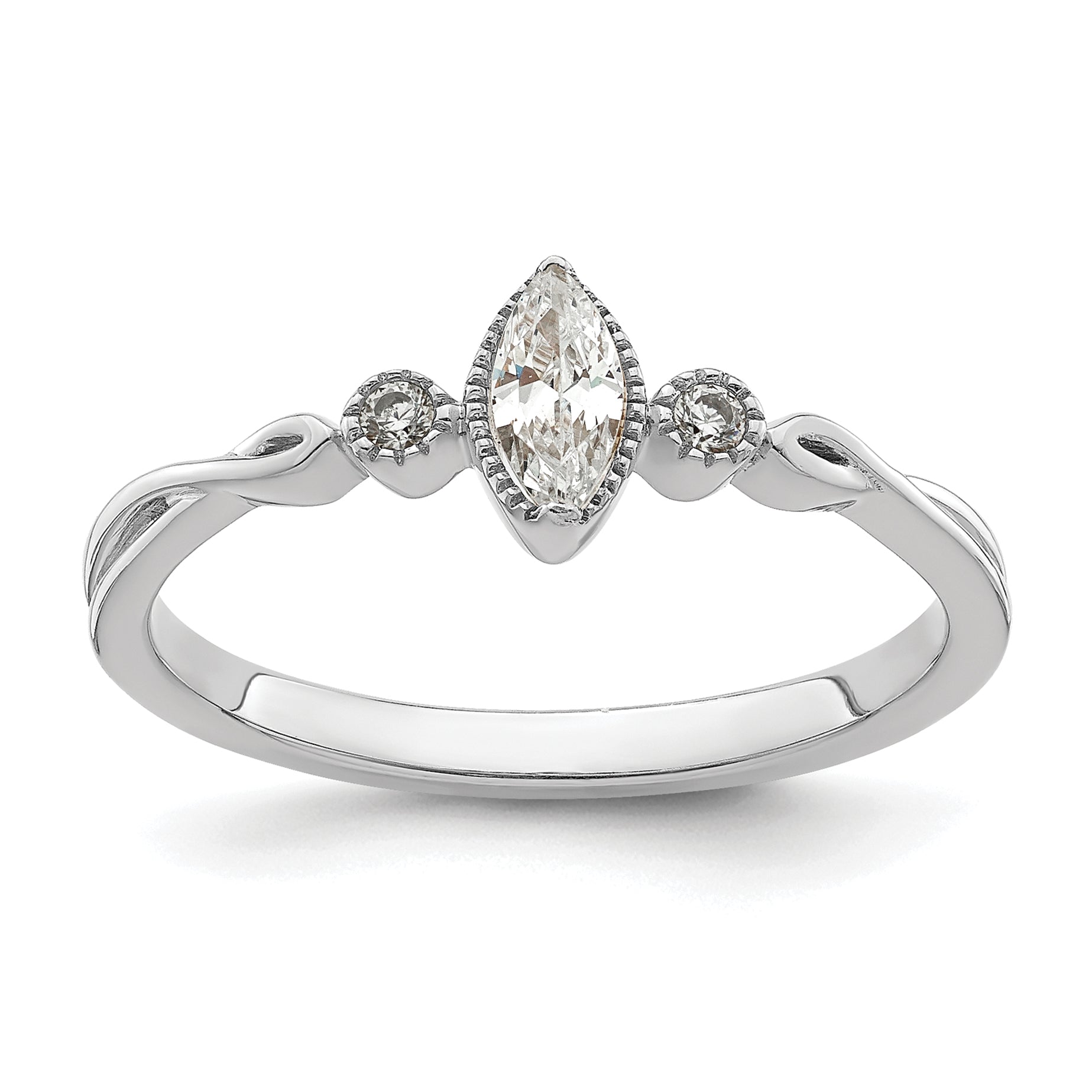 Image of ID 1 024ct CZ Solid Real 14k White Polish Petite Beaded Edge Marquise Complete Dia Ring