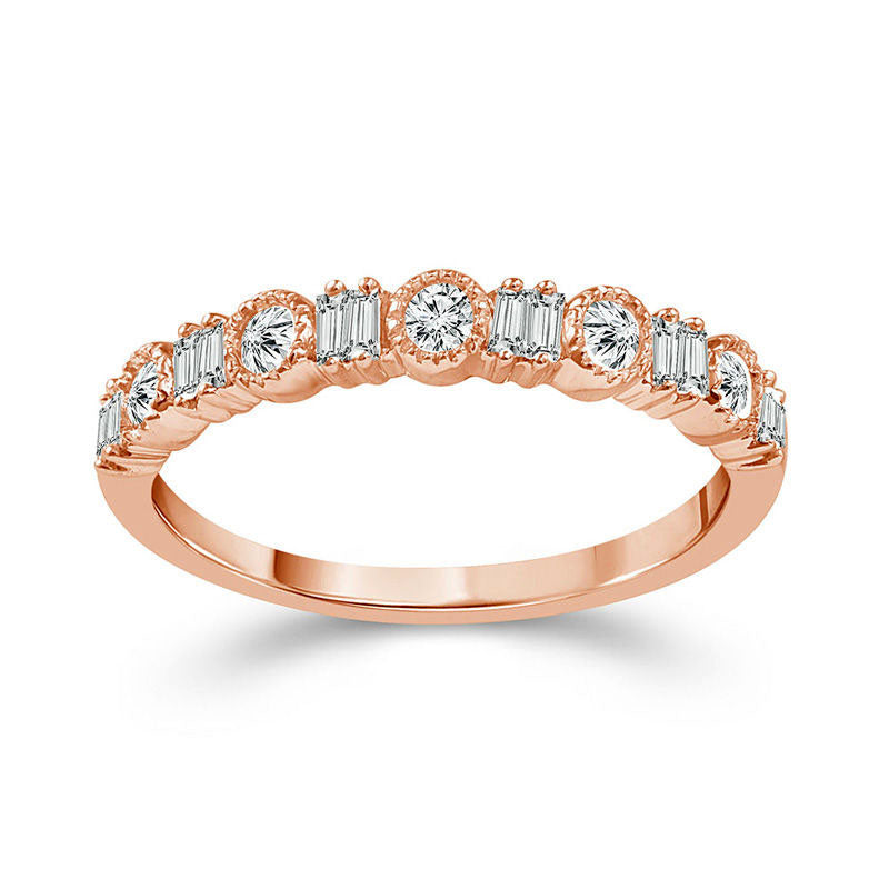 Image of ID 1 025 CT TW Baguette and Round Natural Diamond Alternating Antique Vintage-Style Stackable Band in Solid 10K Rose Gold