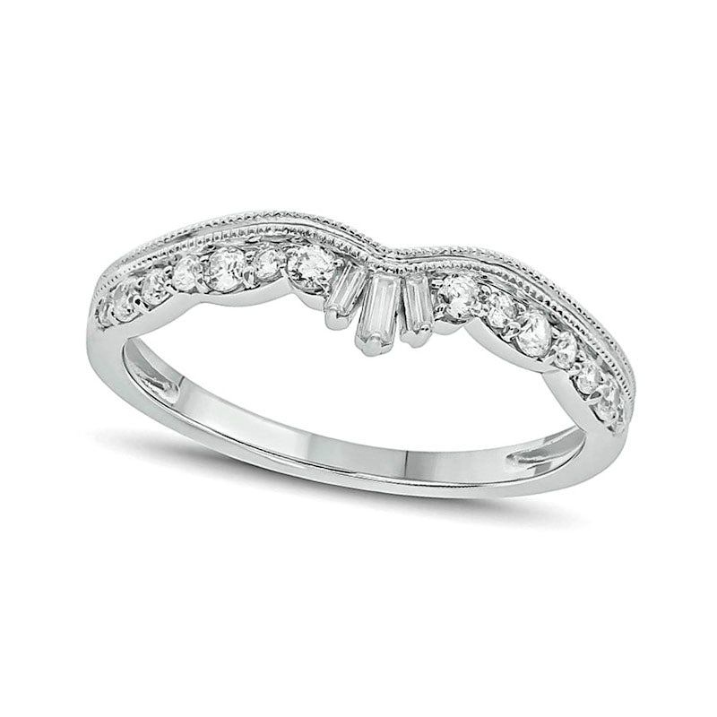 Image of ID 1 025 CT TW Baguette and Round Natural Diamond Antique Vintage-Style Contour Wedding Band in Solid 10K White Gold