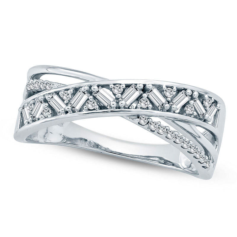 Image of ID 1 025 CT TW Baguette and Round Natural Diamond Crossover Ring in Solid 10K White Gold