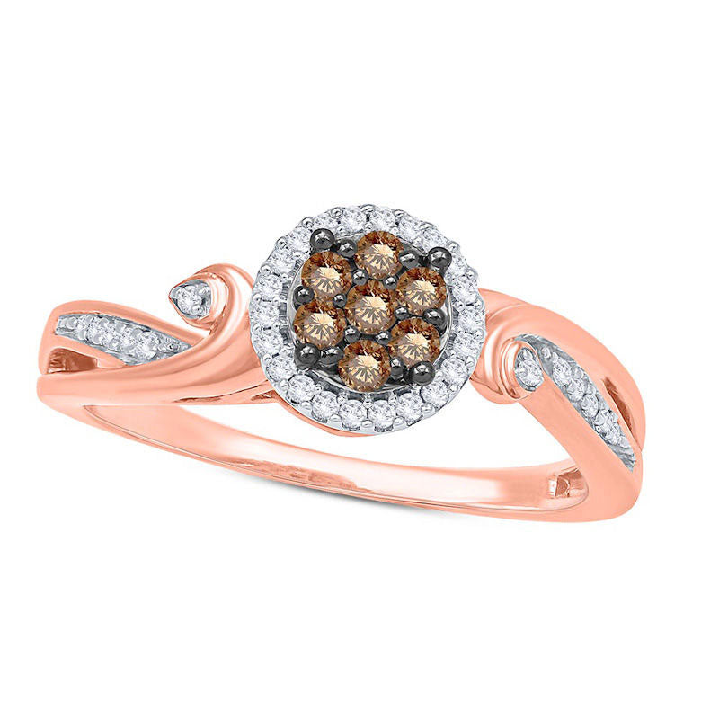 Image of ID 1 025 CT TW Champagne and White Composite Natural Diamond Frame Swirl Promise Ring in Solid 10K Rose Gold