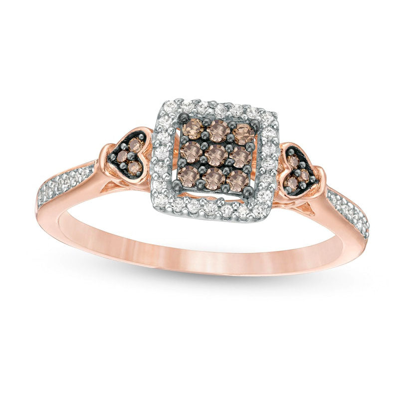 Image of ID 1 025 CT TW Champagne and White Composite Natural Diamond Square Frame Heart-Sides Ring in Solid 10K Rose Gold