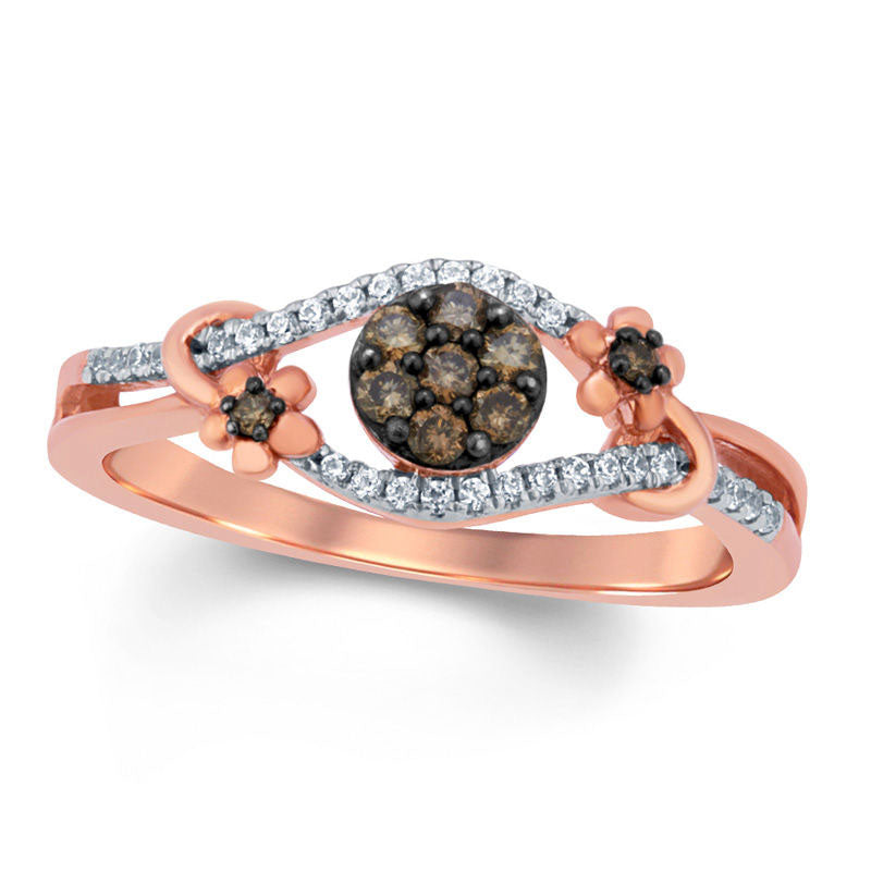 Image of ID 1 025 CT TW Champagne and White Natural Diamond Flower Ring in Solid 10K Rose Gold