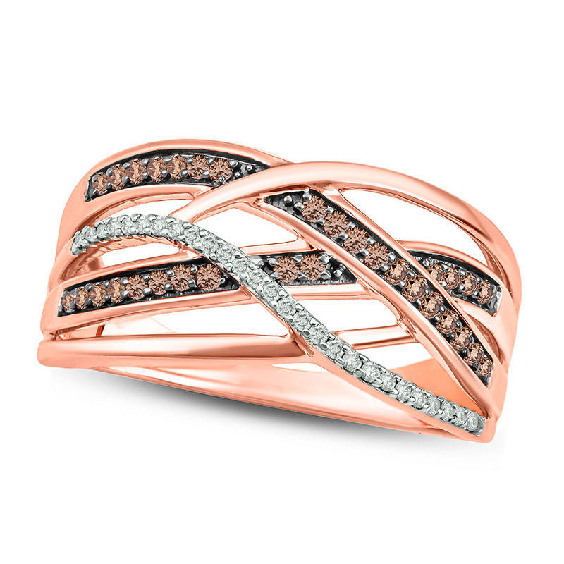 Image of ID 1 025 CT TW Champagne and White Natural Diamond Layered Crossover Ring in Sterling Silver with Solid 14K Rose Gold Plate