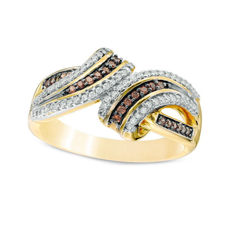 Image of ID 1 025 CT TW Champagne and White Natural Diamond Split Bypass Ring in Solid 10K Yellow Gold