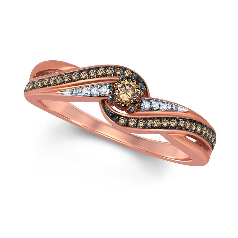 Image of ID 1 025 CT TW Champagne and White Natural Diamond Swirl Promise Ring in Solid 10K Rose Gold