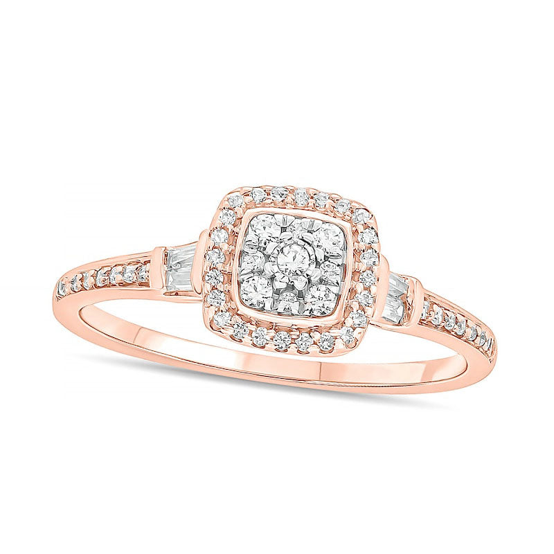 Image of ID 1 025 CT TW Composite Baguette and Round Natural Diamond Cushion-Shape Frame Promise Ring in Solid 10K Rose Gold