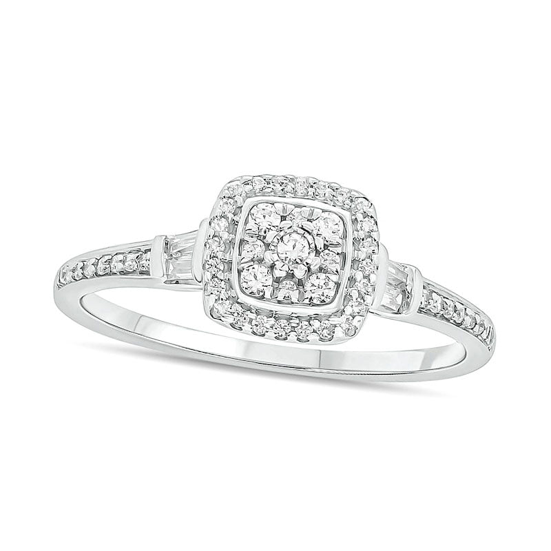 Image of ID 1 025 CT TW Composite Baguette and Round Natural Diamond Cushion-Shape Frame Promise Ring in Solid 10K White Gold