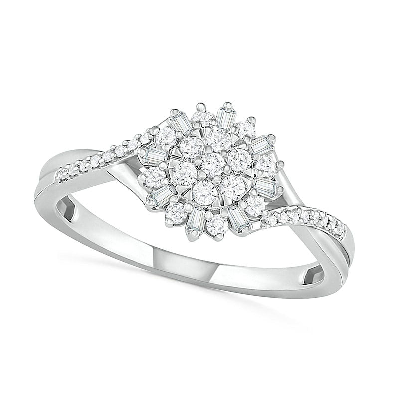 Image of ID 1 025 CT TW Composite Baguette and Round Natural Diamond Split Shank Flower Promise Ring in Sterling Silver