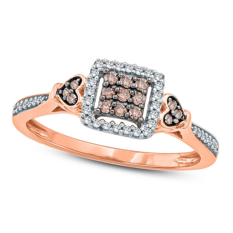 Image of ID 1 025 CT TW Composite Champagne and White Natural Diamond Cushion Frame Heart Sides Promise Ring in Solid 10K Rose Gold