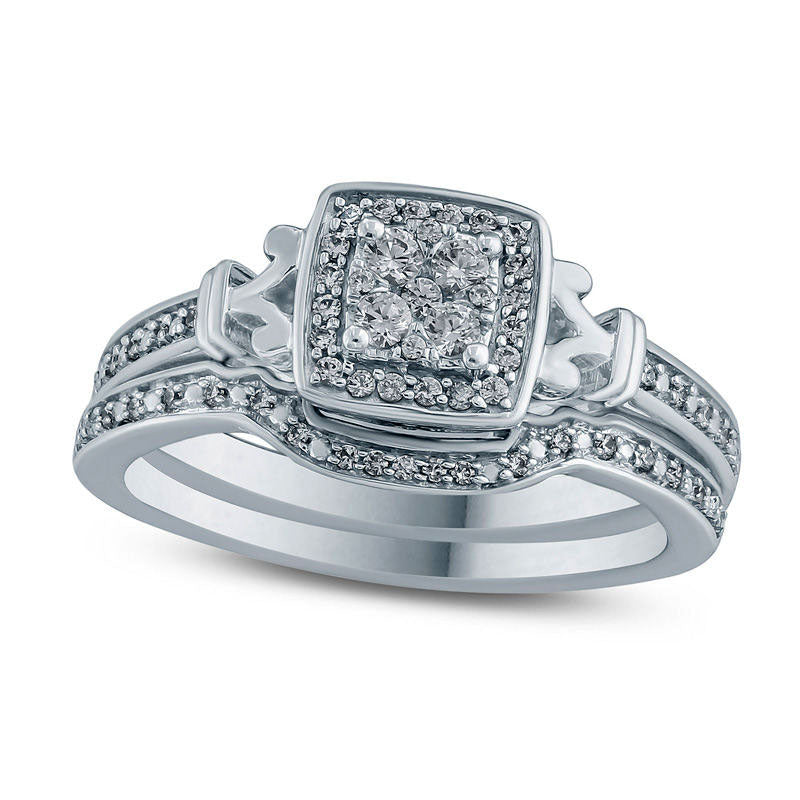 Image of ID 1 025 CT TW Composite Natural Diamond Cushion Frame Bridal Engagement Ring Set in Sterling Silver