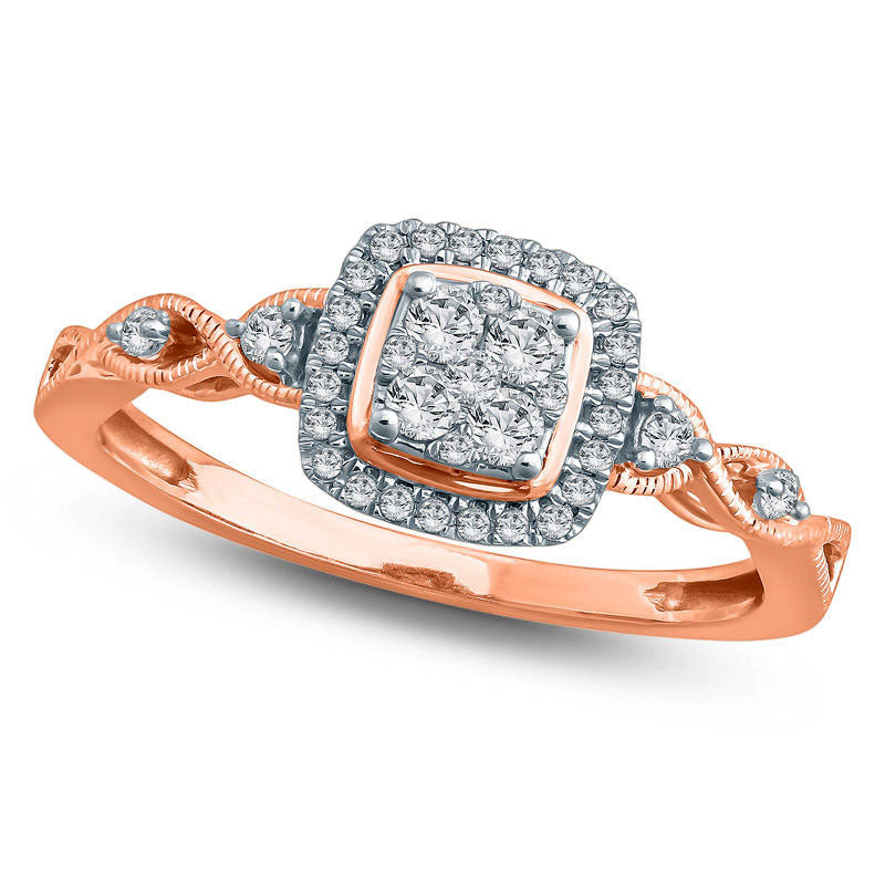 Image of ID 1 025 CT TW Composite Natural Diamond Cushion Frame Twist Shank Promise Ring in Solid 10K Rose Gold