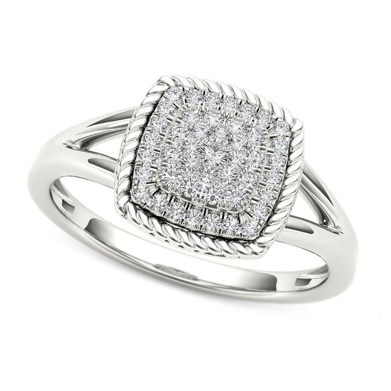 Image of ID 1 025 CT TW Composite Natural Diamond Cushion Rope Frame Ring in Solid 10K White Gold