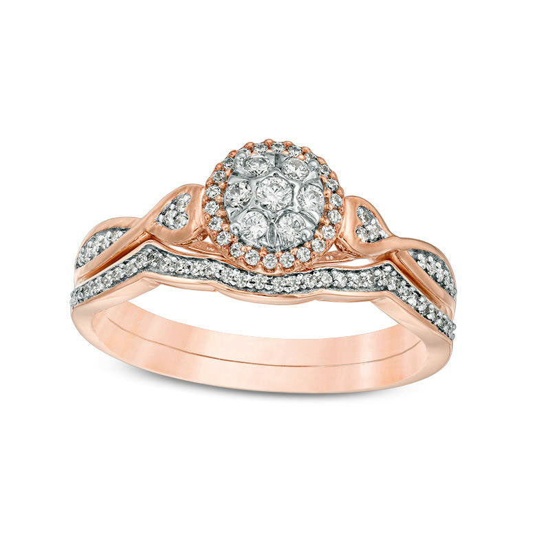 Image of ID 1 025 CT TW Composite Natural Diamond Frame Heart-Sides Twist Bridal Engagement Ring Set in Solid 10K Rose Gold