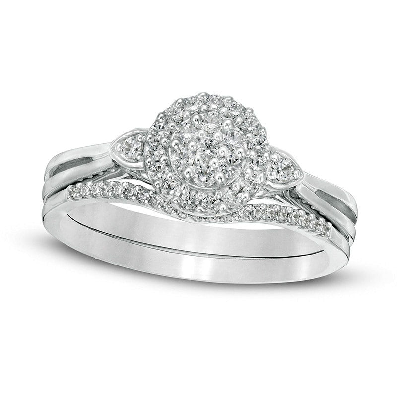 Image of ID 1 025 CT TW Composite Natural Diamond Frame Leaf-Sides Split Shank Bridal Engagement Ring Set in Sterling Silver