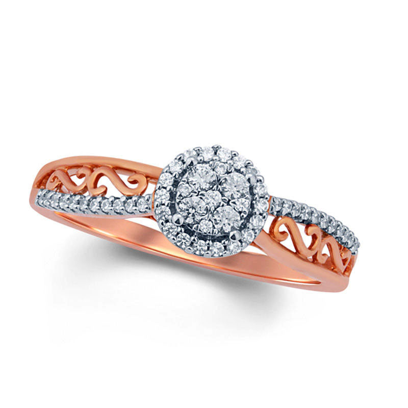 Image of ID 1 025 CT TW Composite Natural Diamond Frame Scroll Shank Promise Ring in Solid 10K Rose Gold