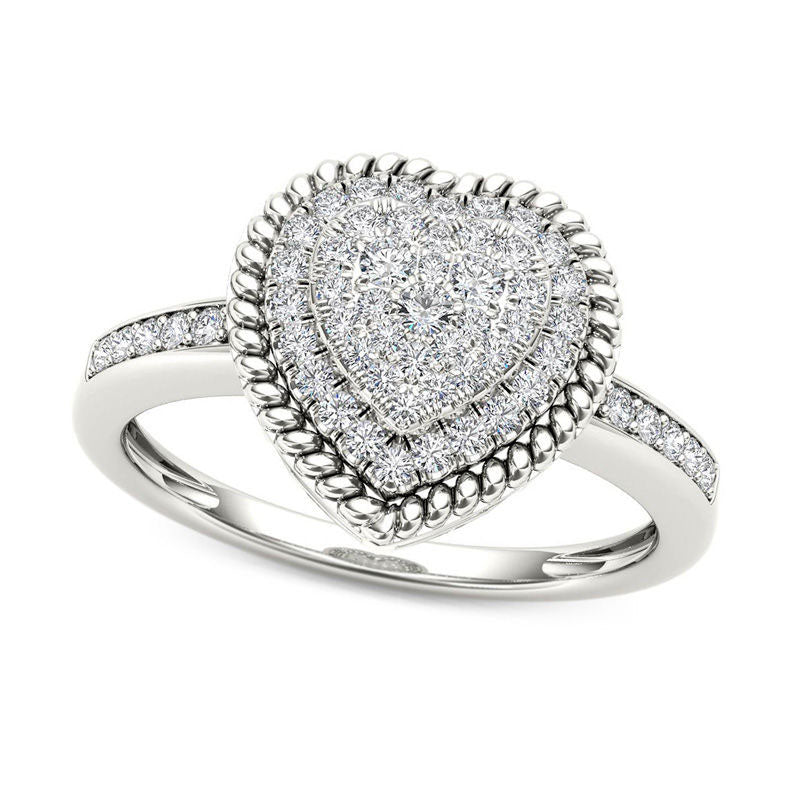 Image of ID 1 025 CT TW Composite Natural Diamond Heart-Shaped Rope Frame Ring in Solid 10K White Gold