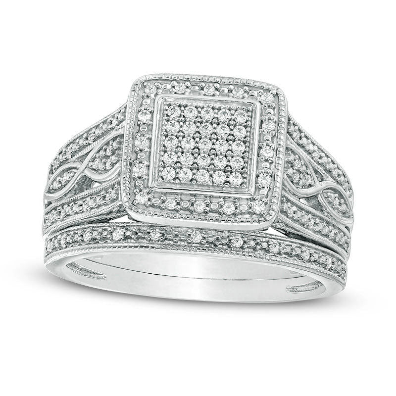 Image of ID 1 025 CT TW Composite Natural Diamond Square Frame Multi-Row Antique Vintage-Style Bridal Engagement Ring Set in Sterling Silver