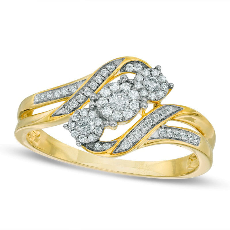 Image of ID 1 025 CT TW Composite Natural Diamond Three Stone Slant Ring in Solid 10K Yellow Gold