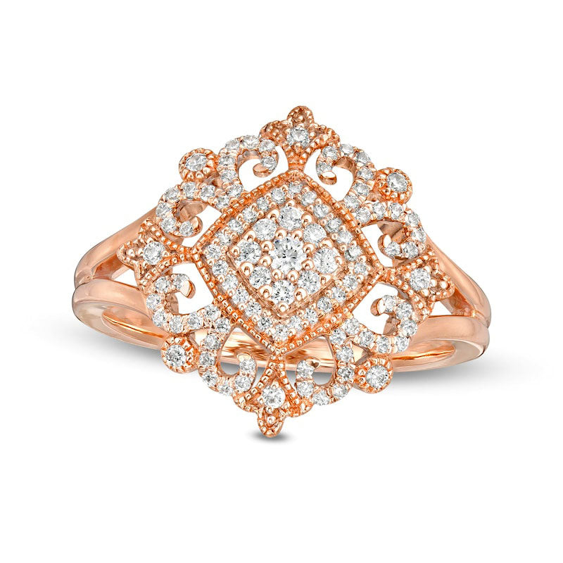 Image of ID 1 025 CT TW Composite Natural Diamond Tilted Cushion Ornate Antique Vintage-Style Ring in Solid 10K Rose Gold