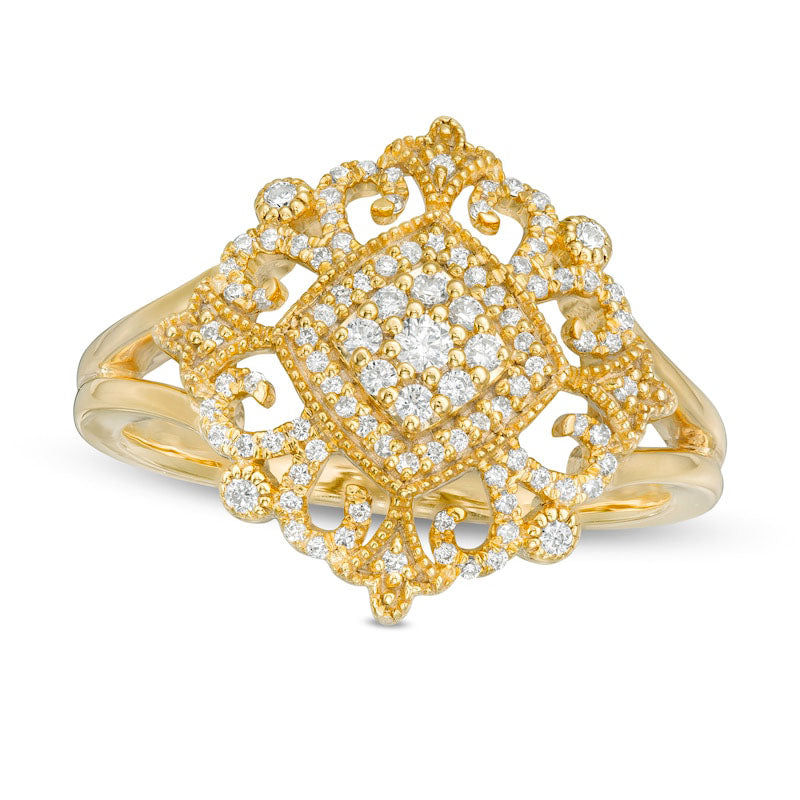 Image of ID 1 025 CT TW Composite Natural Diamond Tilted Cushion Ornate Antique Vintage-Style Ring in Solid 10K Yellow Gold