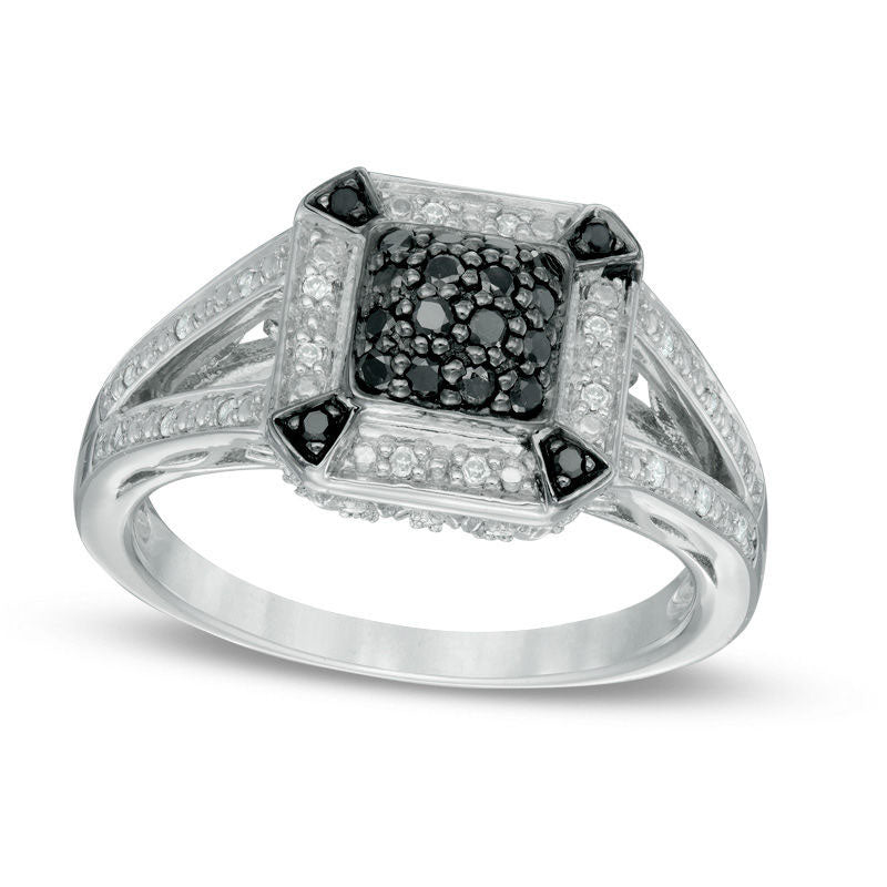 Image of ID 1 025 CT TW Enhanced Black and White Natural Diamond Art Deco-Inspired Square Ring in Sterling Silver