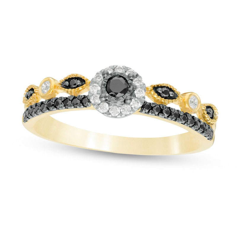 Image of ID 1 025 CT TW Enhanced Black and White Natural Diamond Frame Art Deco Promise Ring in Solid 10K Yellow Gold