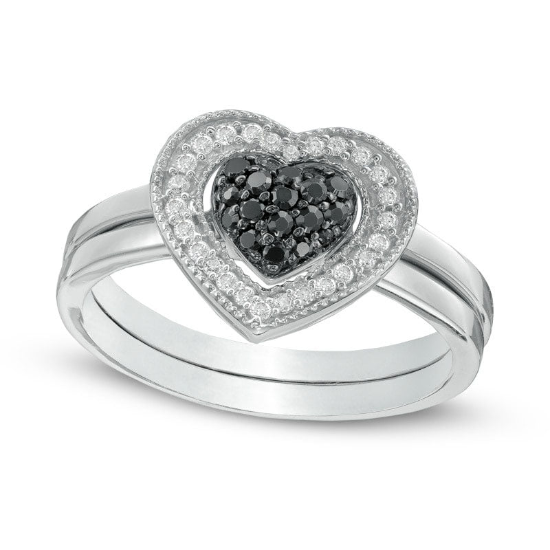Image of ID 1 025 CT TW Enhanced Black and White Natural Diamond Heart Cluster Bridal Engagement Ring Set in Sterling Silver
