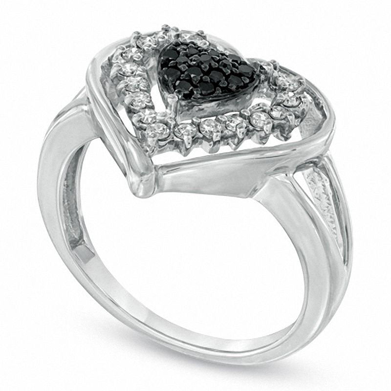 Image of ID 1 025 CT TW Enhanced Black and White Natural Diamond Heart Ring in Sterling Silver - Size 7