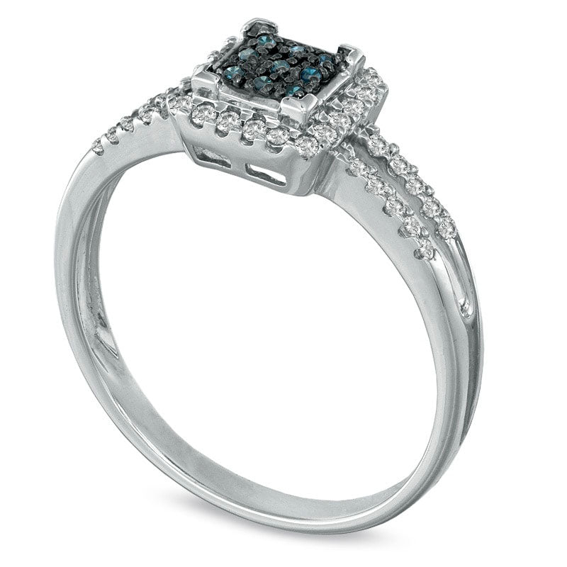 Image of ID 1 025 CT TW Enhanced Blue and White Natural Diamond Square Frame Split Shank Ring in Solid 10K White Gold