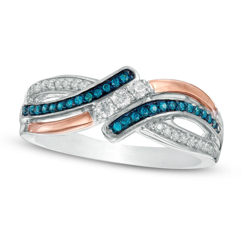 Image of ID 1 025 CT TW Enhanced Blue and White Natural Diamond Three Stone Bypass Ring in Sterling Silver and Solid 10K Rose Gold