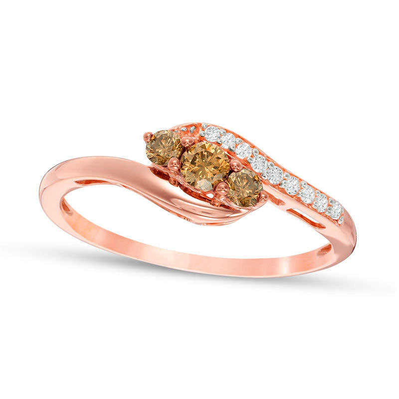 Image of ID 1 025 CT TW Enhanced Champagne and White Natural Diamond Three Stone Bypass Ring in Solid 10K Rose Gold