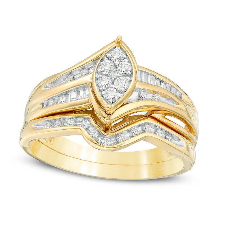 Image of ID 1 025 CT TW Marquise Composite Natural Diamond Bridal Engagement Ring Set in Sterling Silver with Solid 14K Gold Plate