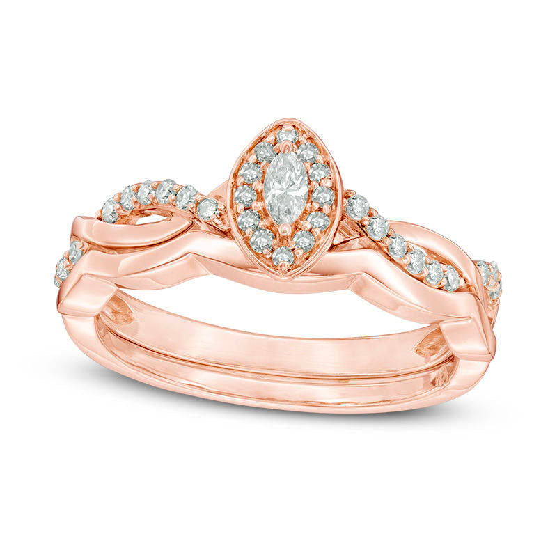 Image of ID 1 025 CT TW Marquise Natural Diamond Frame Twist Bridal Engagement Ring Set in Solid 10K Rose Gold
