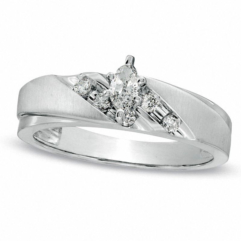 Image of ID 1 025 CT TW Marquise Natural Diamond Grooved Engagement Ring in Solid 10K White Gold