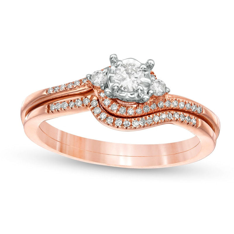Image of ID 1 025 CT TW Natural Diamond Bypass Three Stone Bridal Engagement Ring Set in Solid 10K Rose Gold