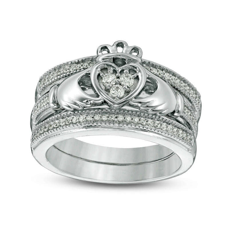 Image of ID 1 025 CT TW Natural Diamond Claddagh Antique Vintage-Style Three Piece Bridal Engagement Ring Set in Sterling Silver