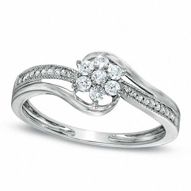 Image of ID 1 025 CT TW Natural Diamond Cluster Split Shank Promise Ring in Solid 10K White Gold